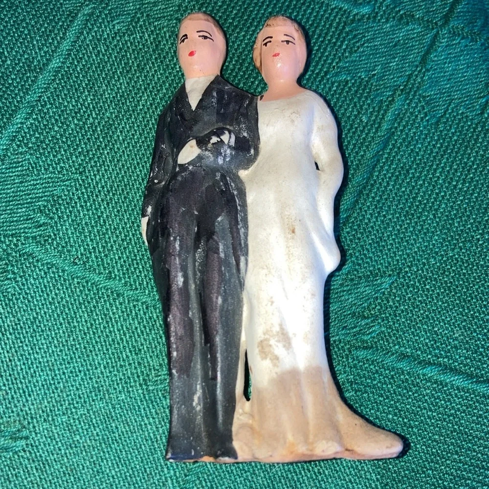 VINTAGE CAKE TOPPERS, 2 couples, 1 white porcelain w/gold, 1 rustic. $19